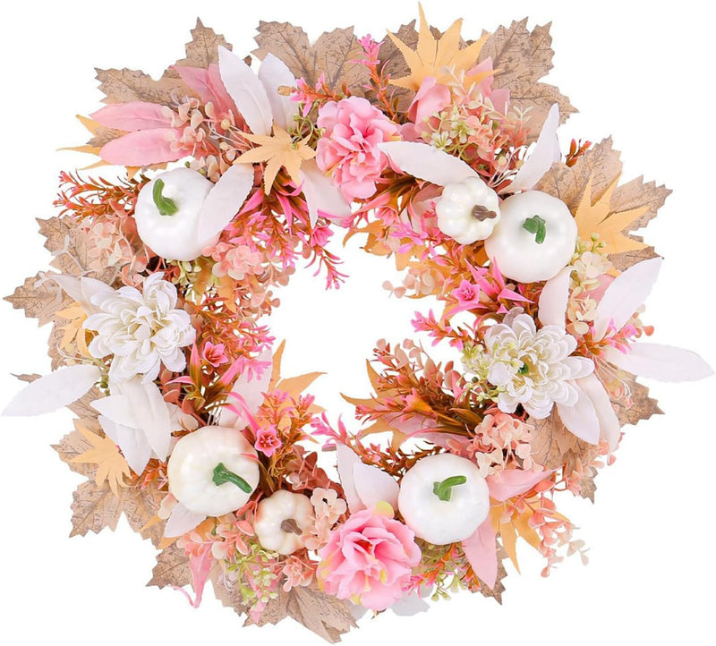 Fall Wreath 16 Inches Autumn Wreath with White Pumpkins and Pink Flowers Leaves Farmhouse Fall Floral Wreath for Front Door Thanksgiving Harvest Home Decor