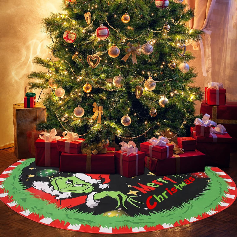 Christmas Tree Skirt 48-Inch Green Velvet - Star & Snowflake Design for a Farmhouse-Inspired Festive Celebration