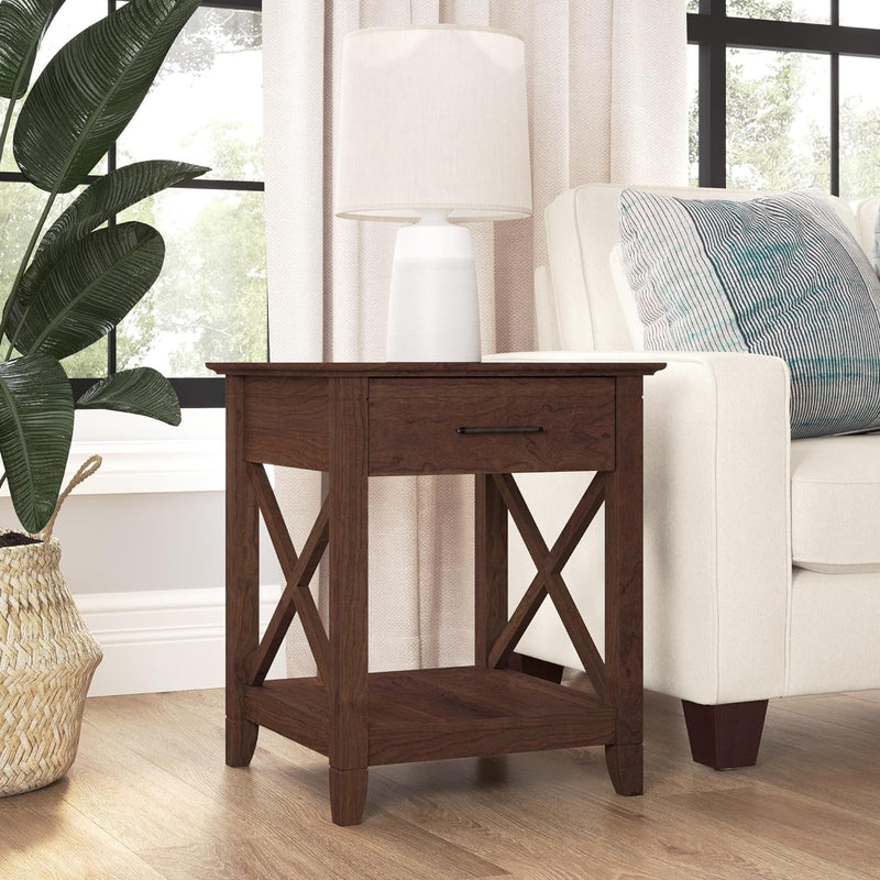 Bush Furniture Key West Small End Table with Storage | Modern Farmhouse Accent Shelf for Living Room in Bing Cherry