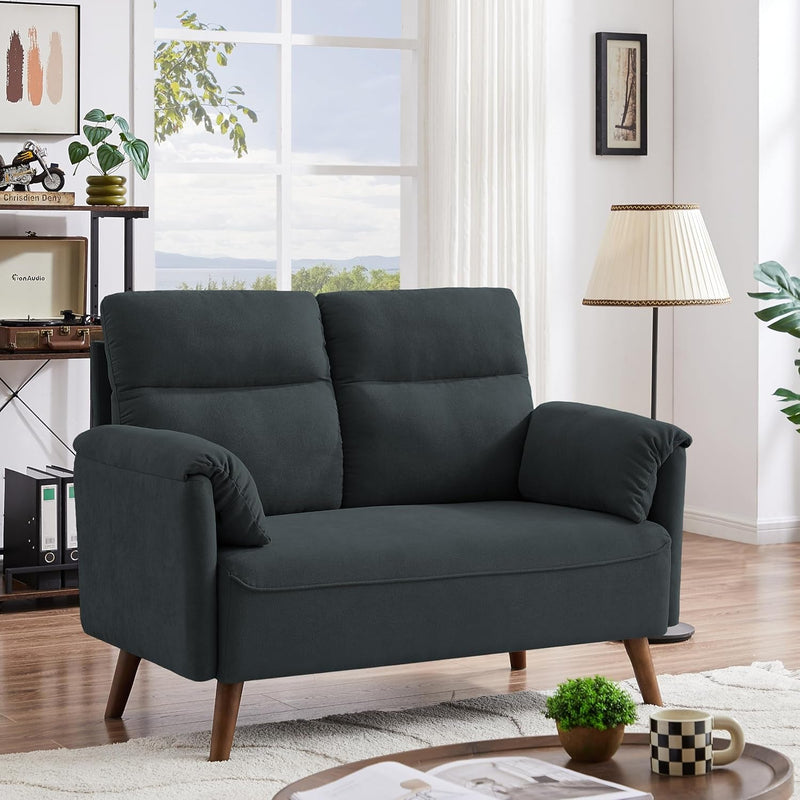 50" Small Modern Loveseat Sofa, Mid Century Fabric Love Seat with Back Cushions and Wood Legs, Upholstered 2-Seater Couch for Lving Room, Bedroom and Small Space, Dark Grey