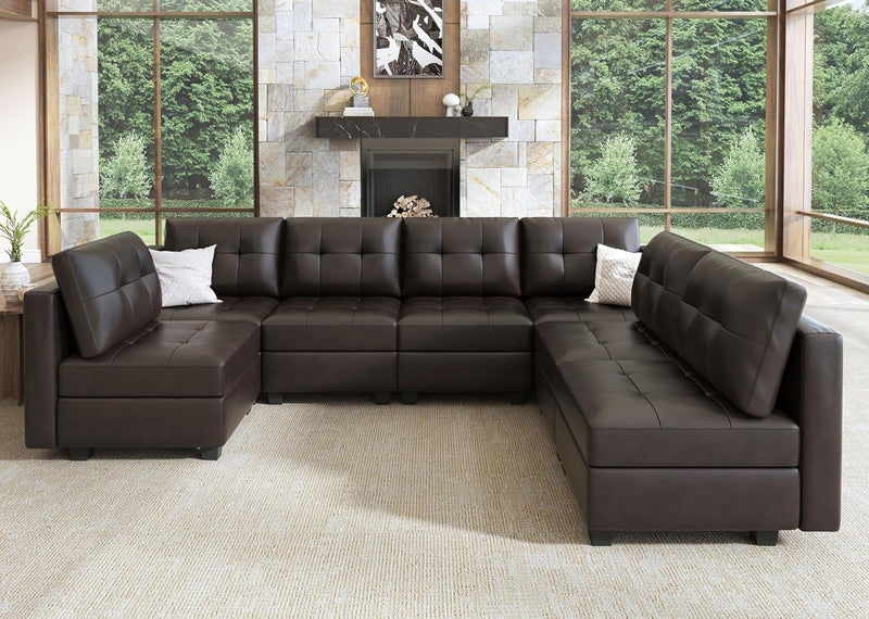 HONBAY Modular Sectional Couch with Storage Faux Leather Convertible Modular Sectional Sofa U Shaped Couch with Ottomans and Chaises Faux Leather 7-Seater Sectional Sofa for Living Room, Brown