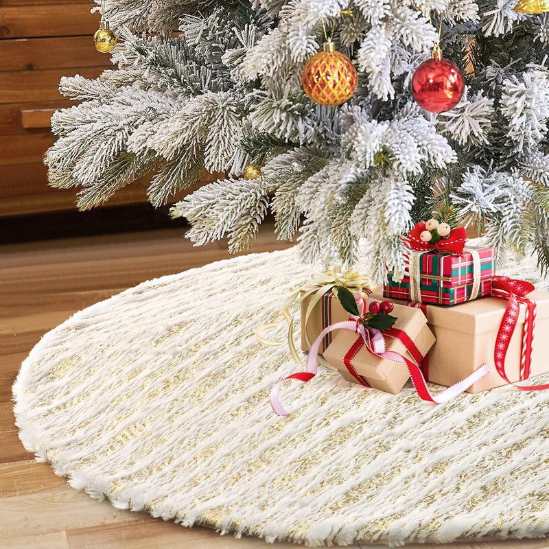 Alynsehom Christmas Tree Skirt, Large White&Gold Bronzing Luxury Faux Fur Tree Skirt Soft Thick Plush Xmas Tree Skirt for Family Holiday Christmas Party Tree Decorations(Gold,36Inch/90Cm)