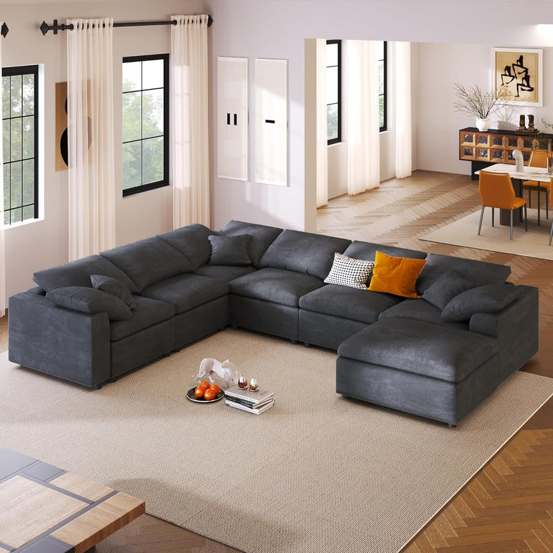 129.3" Oversized Modular Sectional Sofa, U Shaped Couch with Movable Ottoman, Large 7 Seater Corner Sofa for Living Room, Office, Spacious Space, Beige