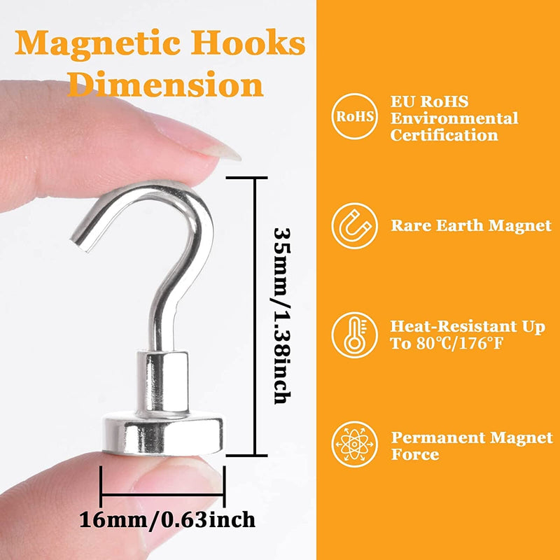 18 Pcs Magnetic Hooks, 25 Lbs Strong Magnetic Hooks Heavy Duty, Key Holder Neodymium Magnet Hooks, Wall Magnetic Hooks for Hanging Refrigerator Kitchen Door Cruise Garage Ceiling Tool Storage