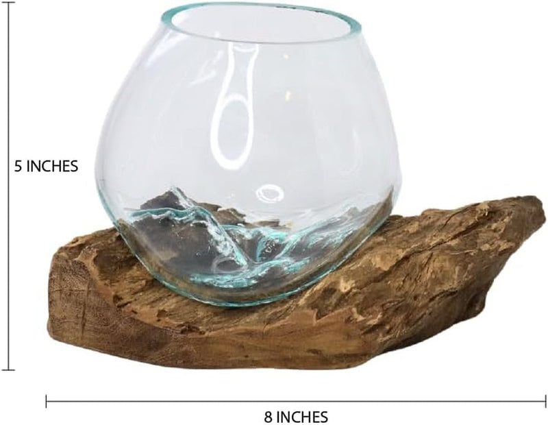 Gamalflow Medium Melted Glass Bowl on Wood Base, Perfect Terrarium or Planter, Brown, about 8" Wide