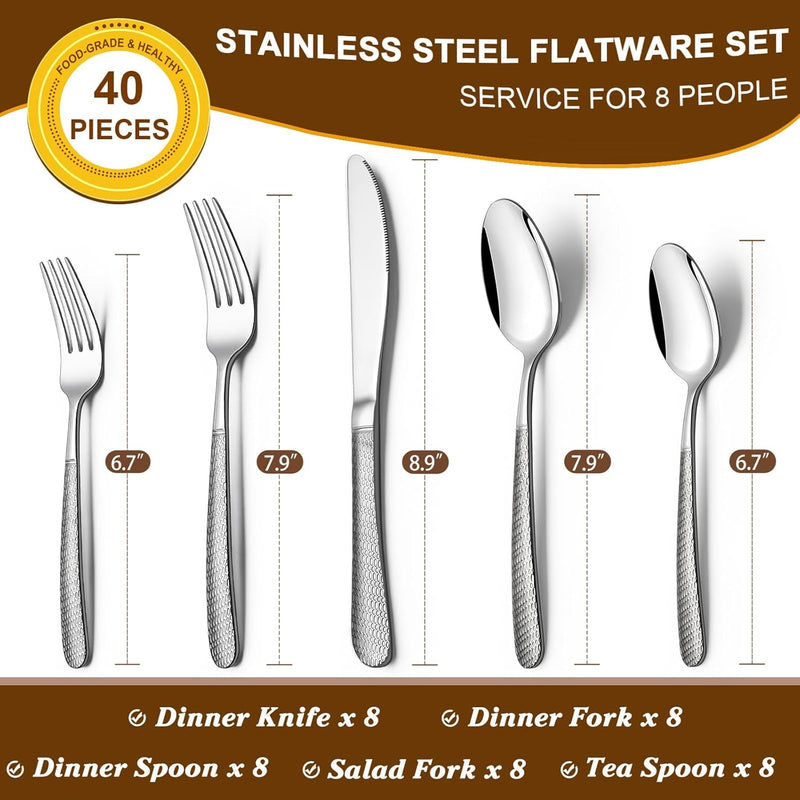 40-Piece Hammered Silverware Set, Deedro Stainless Steel Heavy Duty Flatware Set for 8, Food-Grade Tableware Cutlery Set, Utensil Sets for Home Restaurant, Mirror Finish, Dishwasher Safe