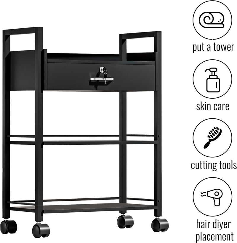 Barber Salon Station Wall Mount Hair Styling Salon Equipment Set Beauty Spa Furniture Set, Mobile Utility with 1 Lockable Drawer 2 Trays