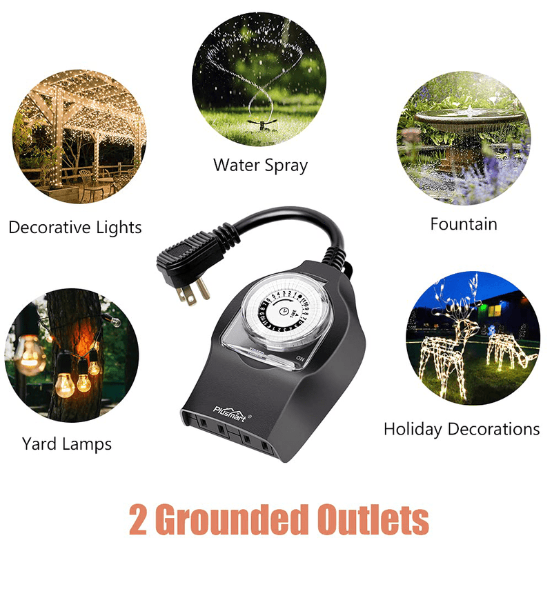 24 Hour Outdoor Outlet Timer, Plusmart Lights Timer Waterproof, Heavy Duty Plug in Mechanical Timer with 2 Grounded Outlet, 15A 1/2HP Home & Garden > Lighting Accessories > Lighting Timers Plusmart   