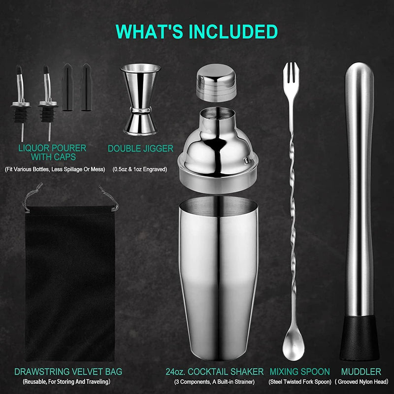 24 Oz Cocktail Shaker Set Bartender Kit by Aozita, Stainless Steel Martini Shaker, Mixing Spoon, Muddler, Measuring Jigger, Liquor Pourers with Dust Caps and Manual of Recipes, Professional Bar Tools