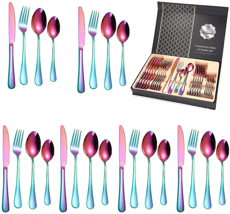 24 Piece Colorful Silverware Spoons and Forks Set for 6,Hammered Set Stainless Steel Silverware Tableware Cutlery Flatware Set for Home Restaurant Kitchen Utensils Set, Dishwasher Safe