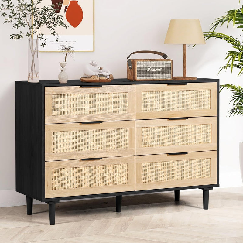 6 Drawer Dresser Rattan Dresser Modern Chest with Drawers,Wood Storage Closet Dressers Chest of Drawers for Bedroom,Living Room,Hallway (Natural)