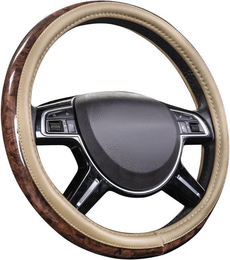 CAR PASS Wood Grain Microfiber Leather Steering Wheel Cover, Universal Fit for 14 1/2-15 Inch Beige Steering Wheel, Anti-Slip Veins Design, Cars,Suvs,Minivans, Sedans (Beige)