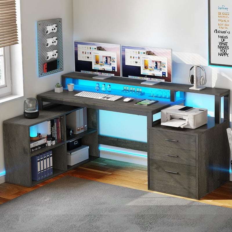 DWVO L Shaped Desk with Power Outlets & LED Lights, 65" Computer Desk with Drawers, Corner Desk Office Desk with File Cabinet & Printer Stand, White