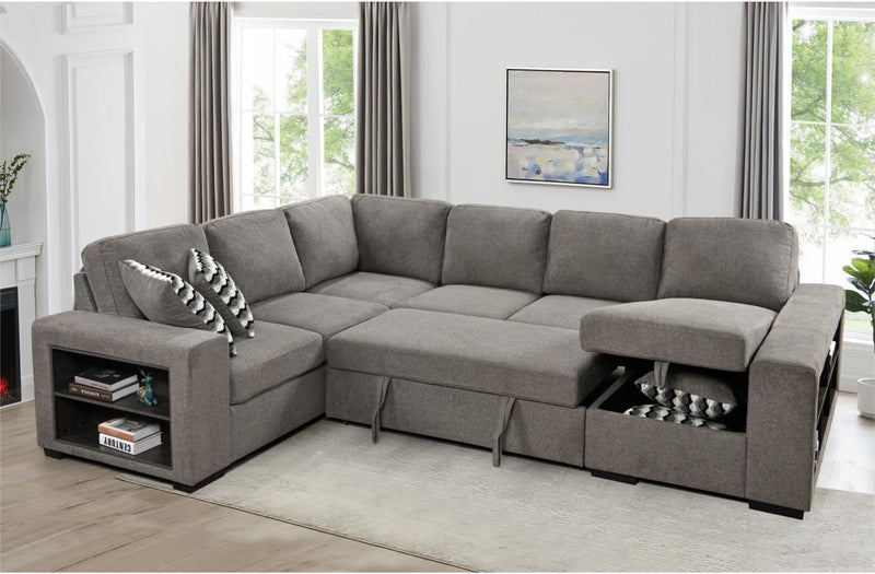 125' Oversized Sectional Sleeper Sofa Bed with Storage Chaise and Pull-Out Bed, 6-Seater Fabric U-Shaped Sectional Couches with Bulit-In Storage Arm for Living Room - Light Grey