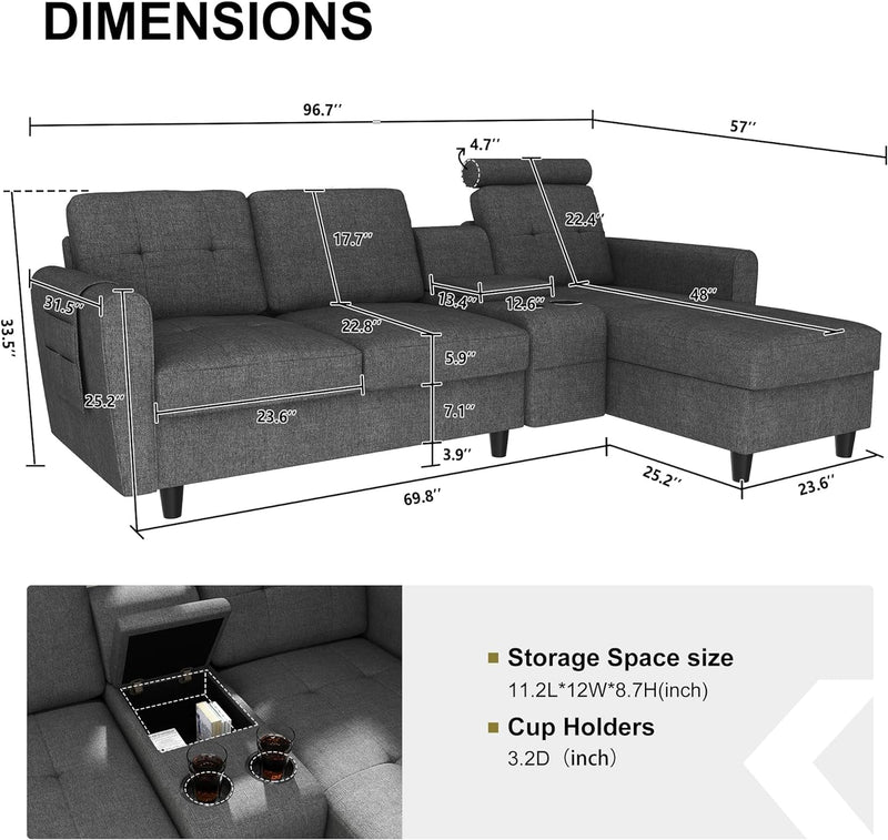 HONBAY Convertible Sectional Couch L Shaped Sofa with Cup Holders, Modern Sectional Sofa 4-Seat Sofa with Reversible Chaise, Dark Gray