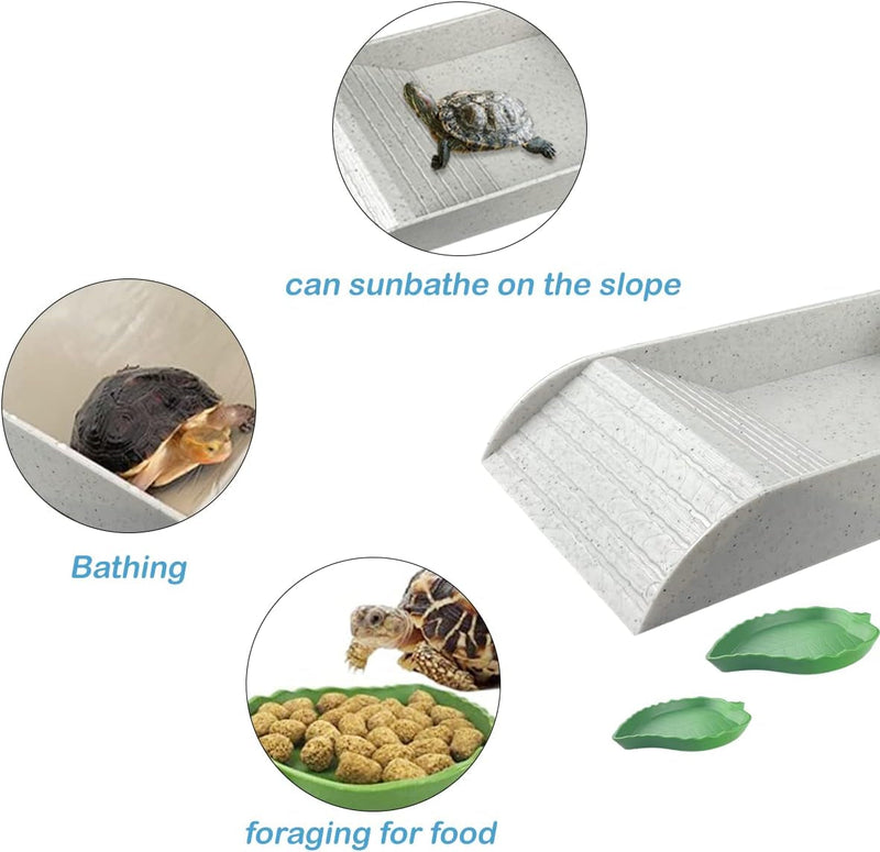 3 PCS Tortoise Food Dish with Ramp and Tortoise Water Bowl,Gray Reptile Water Bowl,Reptile Water Dish Amphibians Habitat,Reptile Water Bowl for Turtles,Horned Frogs and Lizards