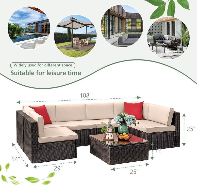 Devoko 7 Pieces Outdoor Sectional Sofa Patio Furniture Sets Manual Weaving Wicker Rattan Patio Conversation Sets with Cushion and Glass Table (Beige)