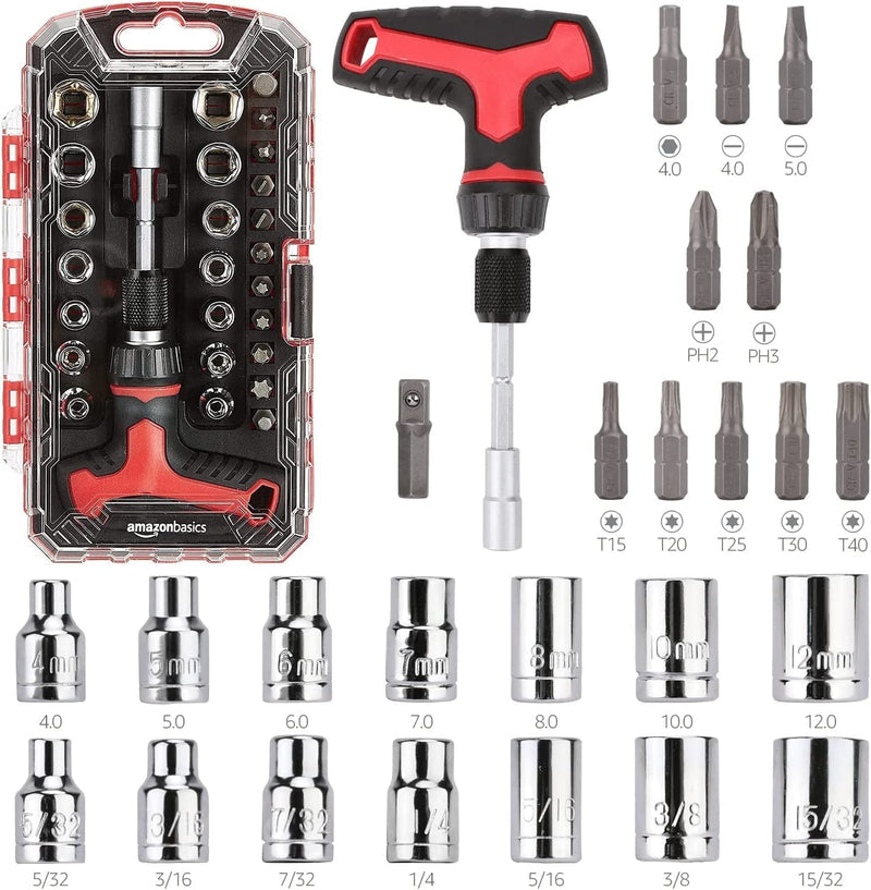 Amazon Basics 27-Piece Magnetic T-Handle Ratchet Wrench and Screwdriver Set