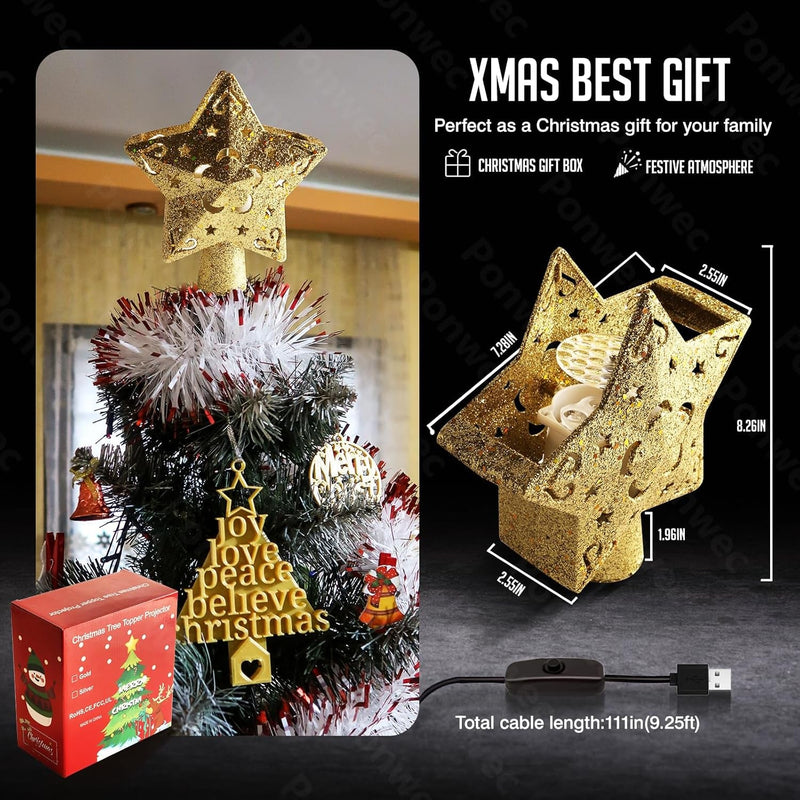 Christmas Tree Star Topper Projector - Ponwec Gold Tree Topper with LED 3D 360°Rotating Lights,6 Projection Pattern Glitter Star Projector Adjustable Xmas Tree Topper for Christmas Tree Decorations