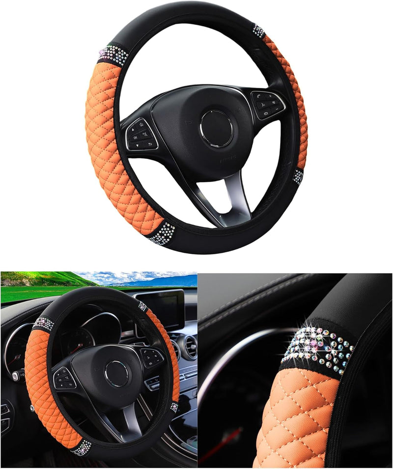 Bling Car Steering Wheel Cover, 15 Inch Rhinestones Soft Leather Elastic Steering Wheel Protector, Sparkly Crystal Diamond for Women Girls, Car Interior Accessories for Most Cars (Black)