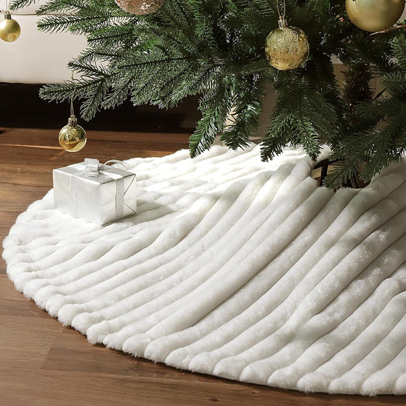 Faux Fur Christmas Tree Skirt: 48 Inch White Plush Fluffy Christmas Tree Skirt with Stripe Textured Pattern, Soft Beige Boho Christmas Tree Decorations for Merry Christmas Home Décor Xmas Party Gifts