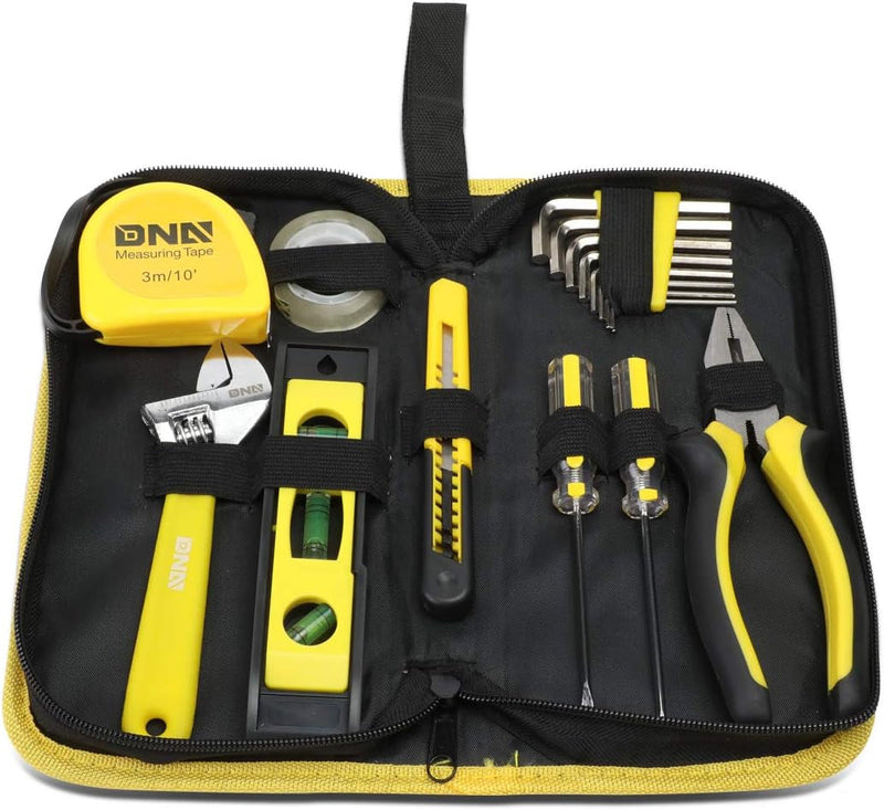 DNA Motoring TOOLS-00029 16 Piece Mechanic'S Home Repair Tool Set with Carrying Case, Includes Pliers, Wrench, Hex Key, Screwdriver, Spirit Level, and Tape Measurer, 1 Set, Yellow/Black