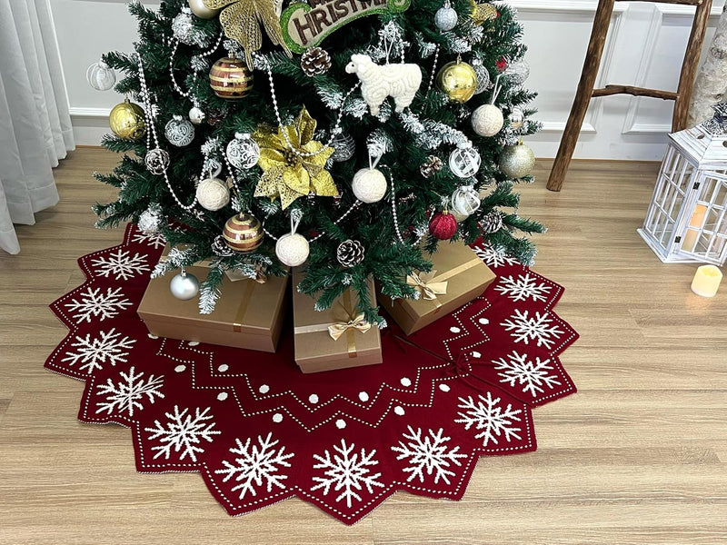 60-Inch Wavy Edged Reversible Knit Christmas Tree Skirt: Burgundy & White Snowflake Pattern with Lace Ties