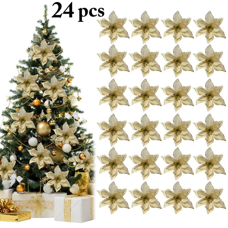 24Pcs 5.91'' Wreaths Decor, Peaoy Glitter Artificial Flowers Wedding Christmas Flowers Xmas Tree Ornaments Party Home Accessories Supplies Decorations Home & Garden > Decor > Seasonal & Holiday Decorations& Garden > Decor > Seasonal & Holiday Decorations Peaoy Gold  