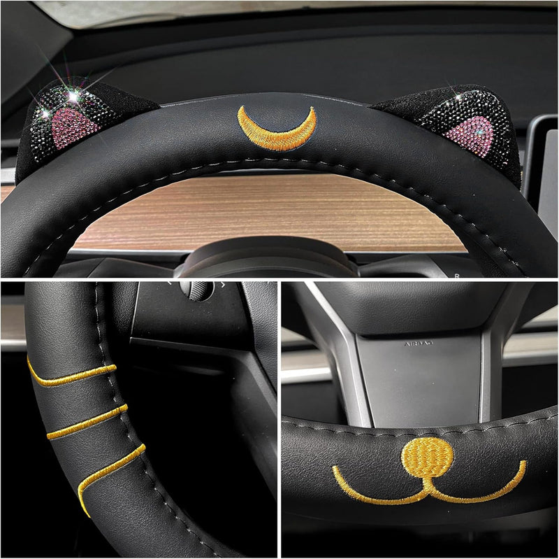 Car Leather Steering Wheel Cover with Cute Diamond Cat Ears,Bling Interior Accessories for Girls&Women'(14.5''-15'', Black)