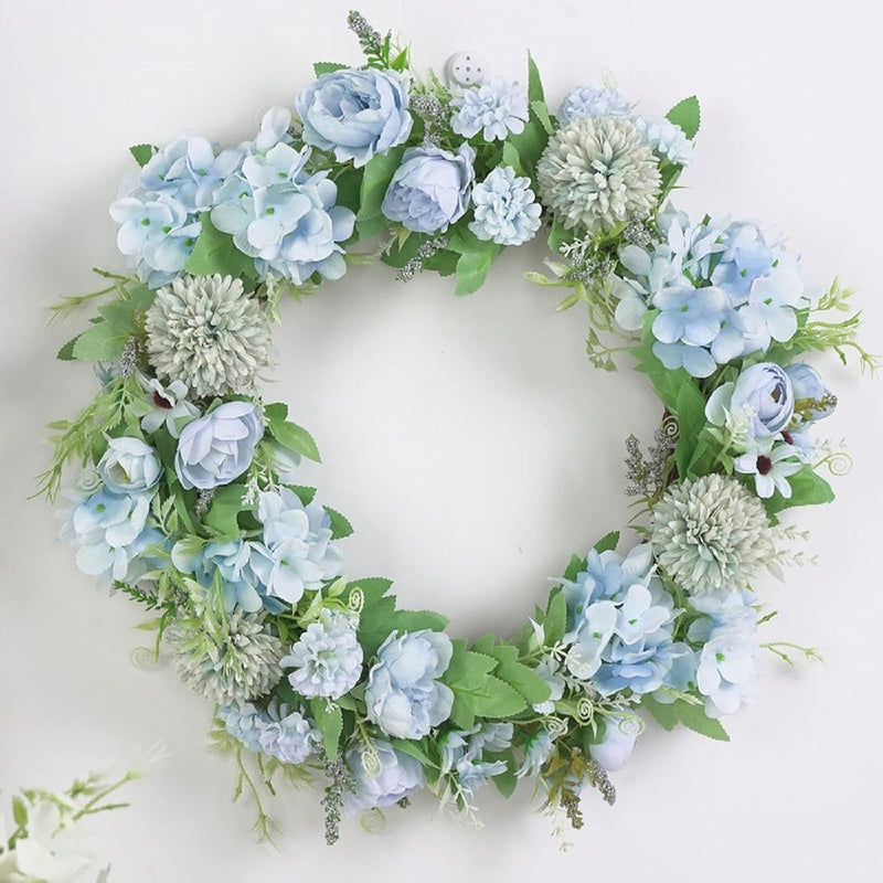 15.7Inch Artificial Light Blue Hydrangea and Peony Floral Spring Wreath Silk Peony Wreath with Green Leaves Welcome Front Door Wreath for Wedding Wall Home Decor