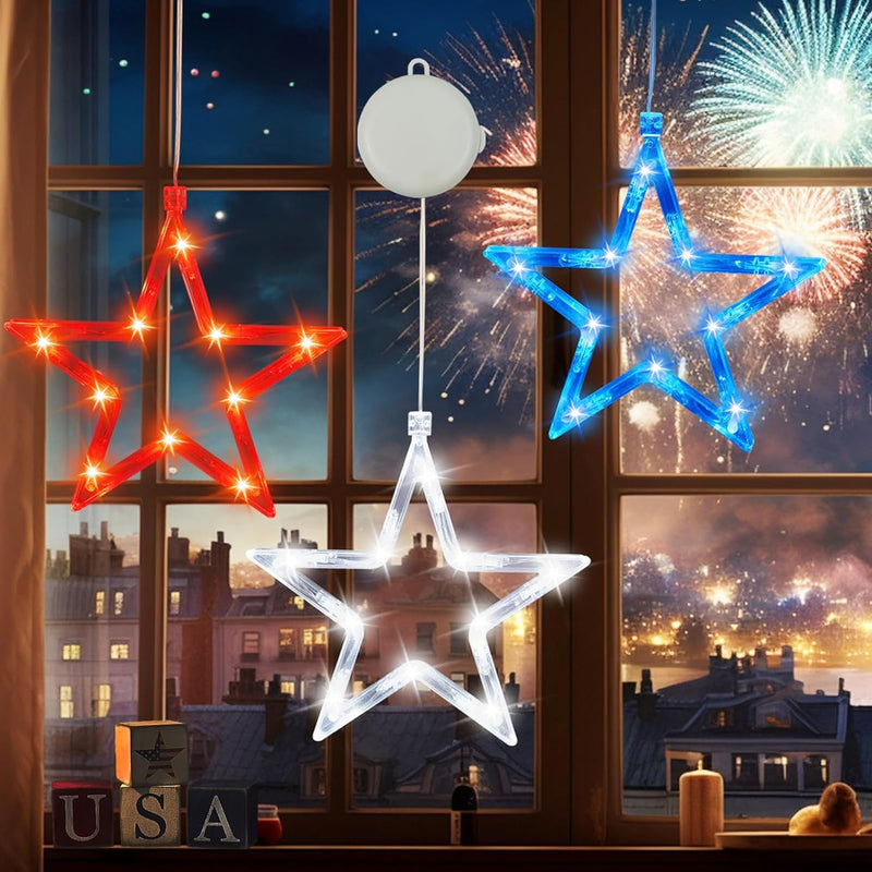 4Th of July Decorations, 3 Pack Red White and Blue Window Lights with Suction Cup, Battery Operated Star Independence Day String Lights with Timer Function & 2 Modes for Memorial Day Patriotic Decor