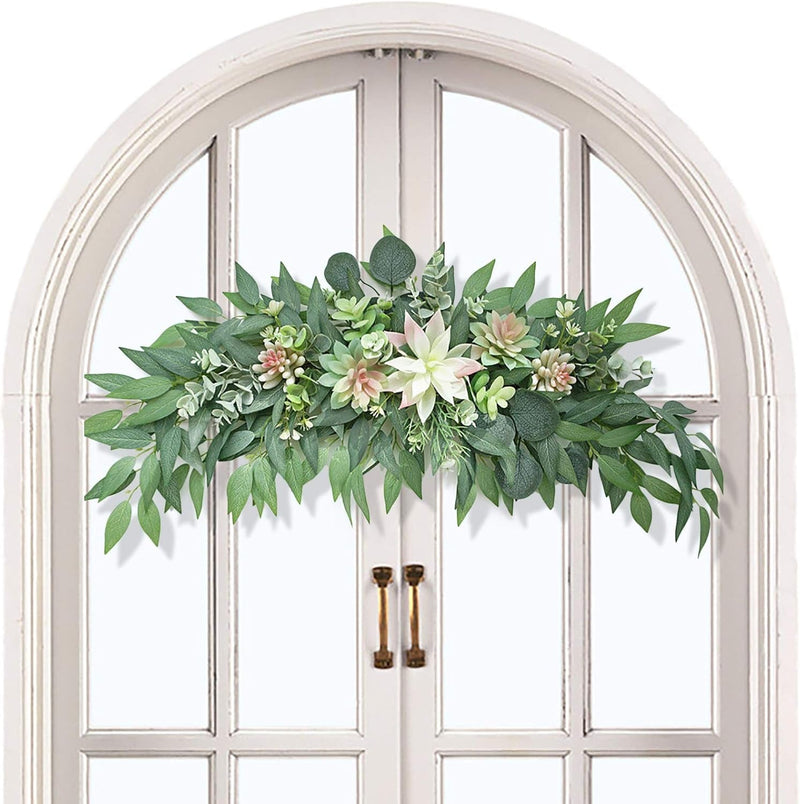 27.6Inch Artificial Eucalyptus Swag Decorative Swag with Simulation Succulents Spring Floral Swag Wreath for Home Wedding Arch Wall Decor, Green