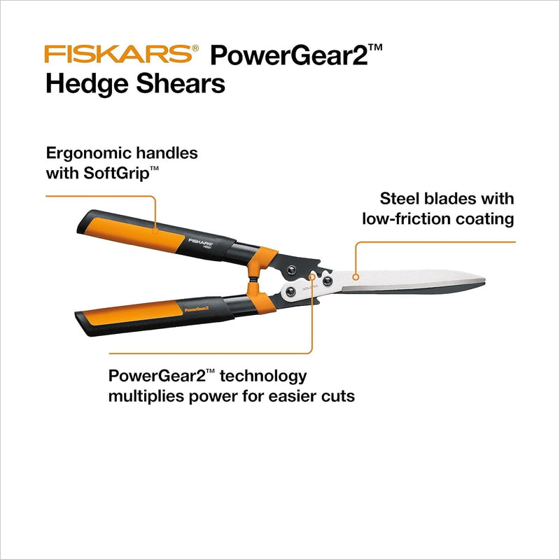 Fiskars 23-Inch Hedge Shears, Bush Trimmer with Powergear2 Design That Provides 3X More Power on Every Cut, Softgrip Handles with Shock-Absorbing Bumpers