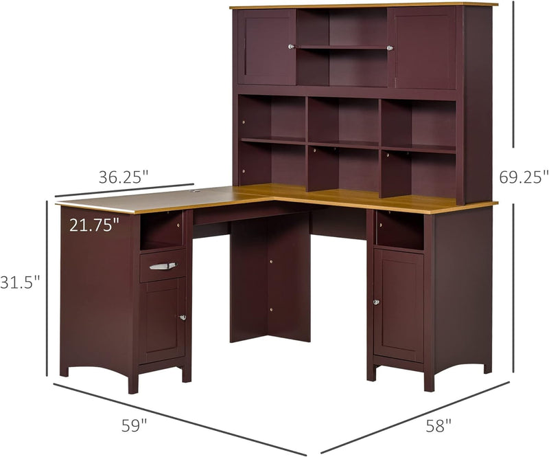 HOMCOM L Shaped Computer Desk with Hutch, 59" Corner Desk, Space Saving Home Office Desk with Storage Shelves, Drawer and Cabinet, Coffee Brown