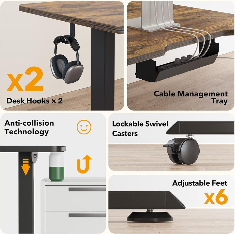 Cubicubi 63" L Shaped Electric Standing Desk, Height Adjustable Stand up Corner Desk, Sit Stand Home Office Desk with Splice Board, Rustic Brown Top