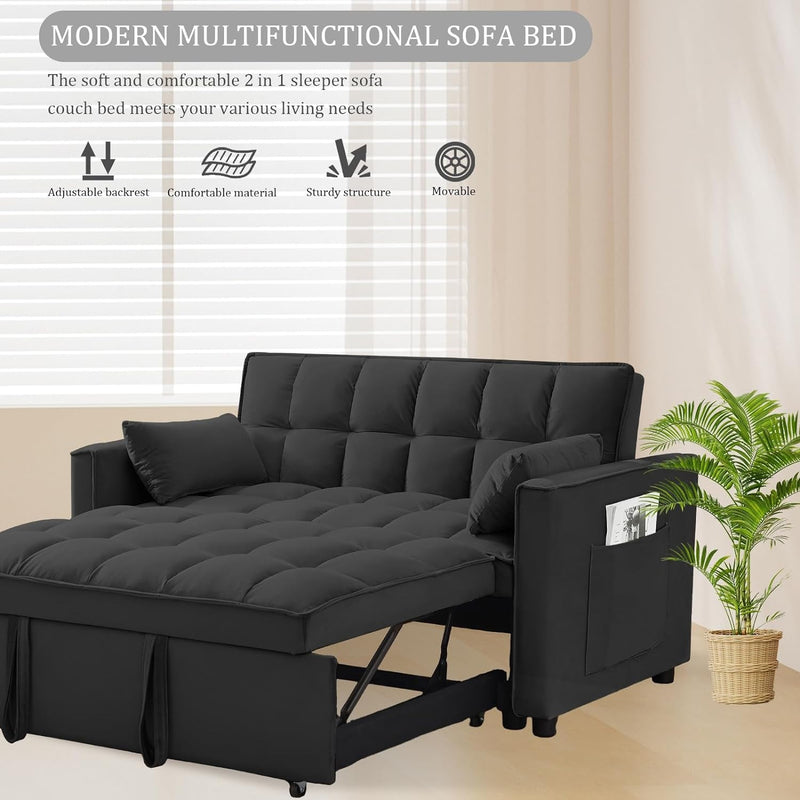 3 in 1 Sleeper Sofa Couch Bed,Velvet Convertible Loveseat Sleeper Sofa Bed,Pull Out Sofa Bed with 3 Level Adjustable Backrest & Storage Pockets and Toss Pillows,Modern Sofa for Living Room,Black