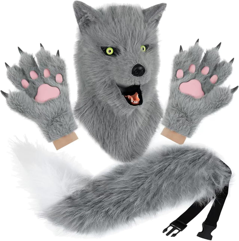 Animal Dog Head Mask Realistic Furry Plush Tail Claw Gloves Full Wolf Masks for Halloween Party Carnival Cosplay