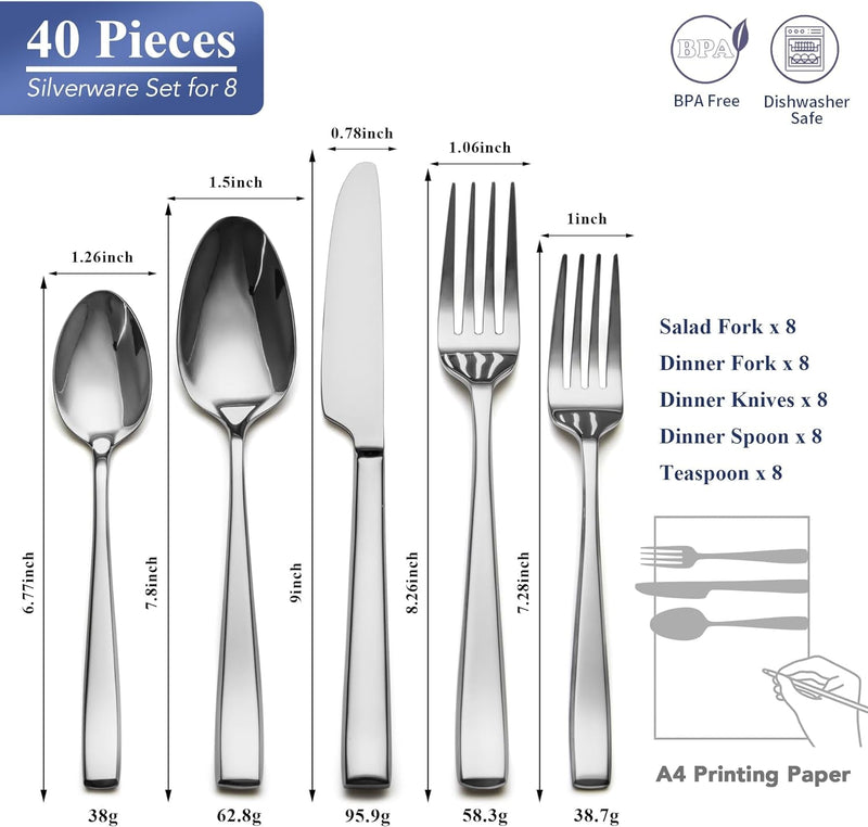 40 Piece Silverware Set Service for 8, EIUBUIE Premium Stainless Steel Cutlery Set, Mirror Polished Flatware Sets Heavy Duty and Solid, Modern Kitchen Eating Utensils Set Include Spoons Forks Knives