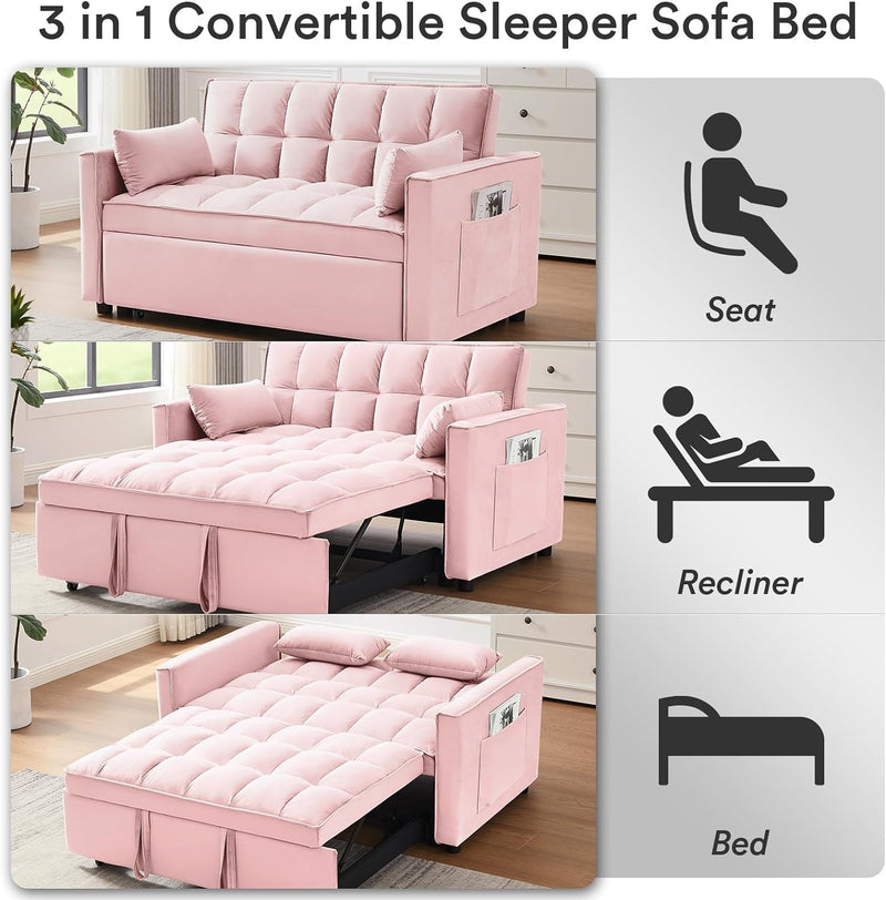 3 in 1 Convertible Sleeper Sofa Bed Pull Out Couch Futon Loveseat Velvet Chaise Lounge with 2 Pockets and 2 Pillows for Living Room, Pink