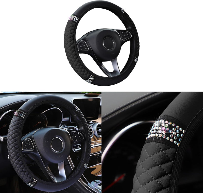 Bling Car Steering Wheel Cover, 15 Inch Rhinestones Soft Leather Elastic Steering Wheel Protector, Sparkly Crystal Diamond for Women Girls, Car Interior Accessories for Most Cars (Black)