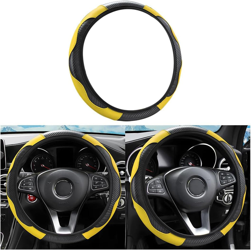 Car Steering Wheel Cover, Microfiber PU Leather Elastic Carbon Fiber Auto Steering Wheel Protector, 15 Inch Breathable Anti-Slip for Women Men, Car Interior Accessories for Most Cars (Black/Red)