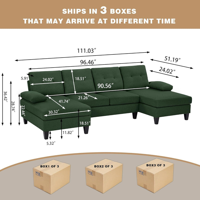 111" Sectional Couch for Living Room, Modern Polyester Fibre U Shaped Sofa Couches with Double Chaise, Upholstered 4 Seater Sofa for Living Room, Apartment, Office, Dark Green