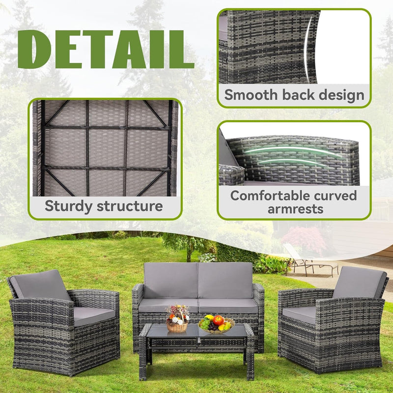4 Pieces Patio Conversation Set, outside Rattan Sectional Sofa, Cushioned Furniture Set, Wicker Sofa Ideal for Garden, Porch, Backyard, Grey Color Rattan and Light Grey Cushion