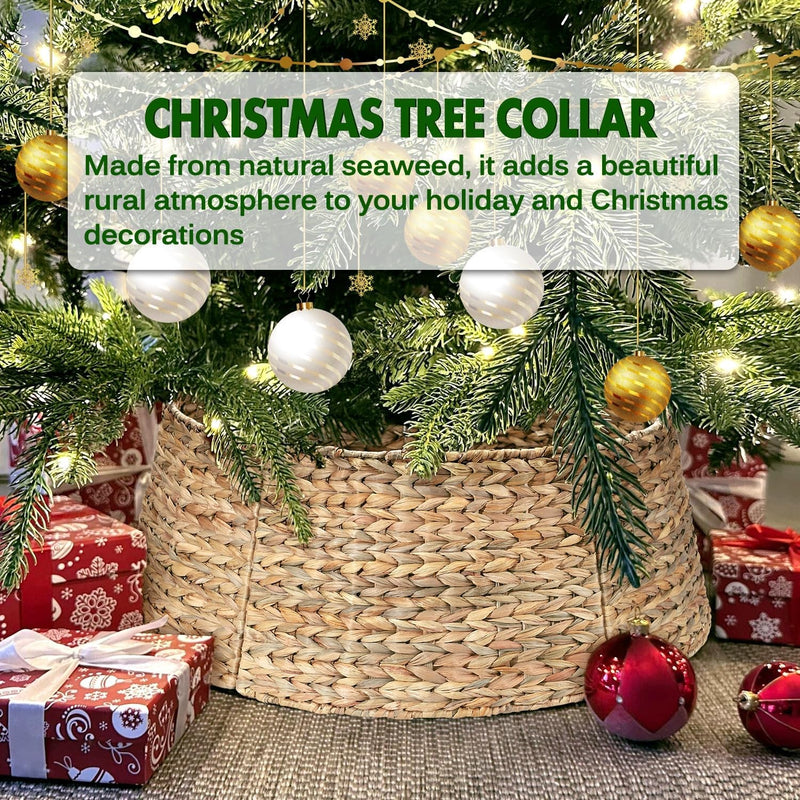 5-Piece Rattan Christmas Tree Collar - 26" Rustic Farmhouse Tree Skirt- Xmas Tree Base Cover for Christmas Decoration- Woven Holiday Tree Ring Accessory for Home, Living Room (Natural)