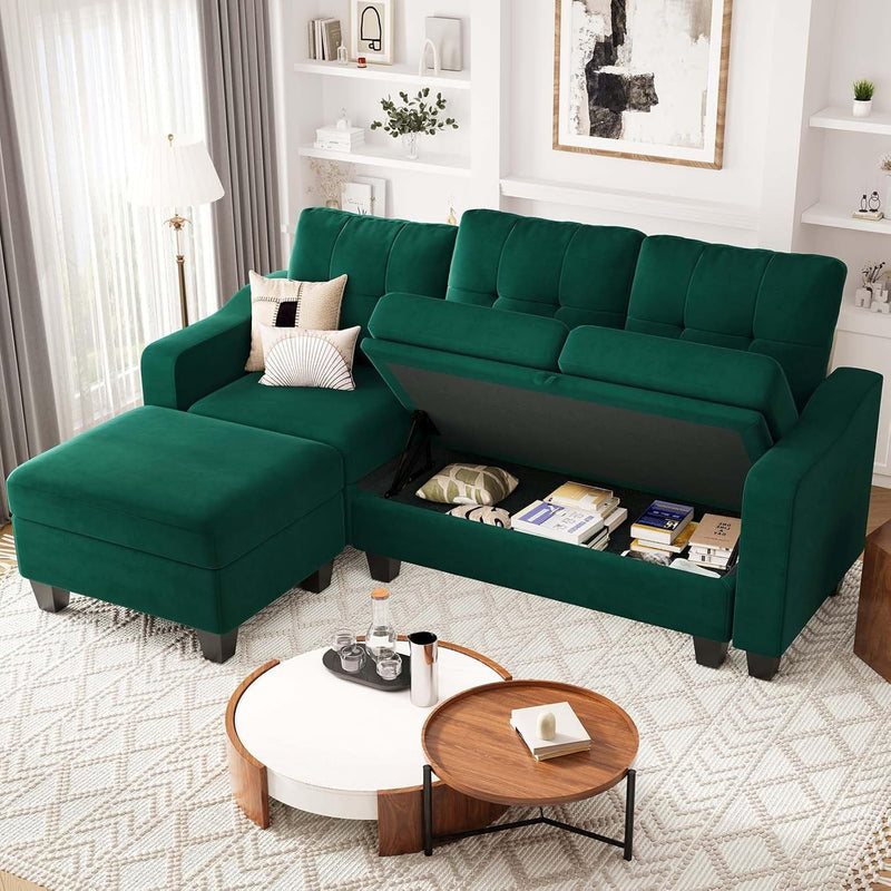 Belffin Velvet Sectional Couch with Storage, L Shaped Sofa with Chaise for Small Space, Green