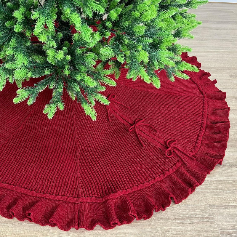 60-Inch Ruffled Sweater Knit Christmas Tree Skirt with Lace Ties, Cream White