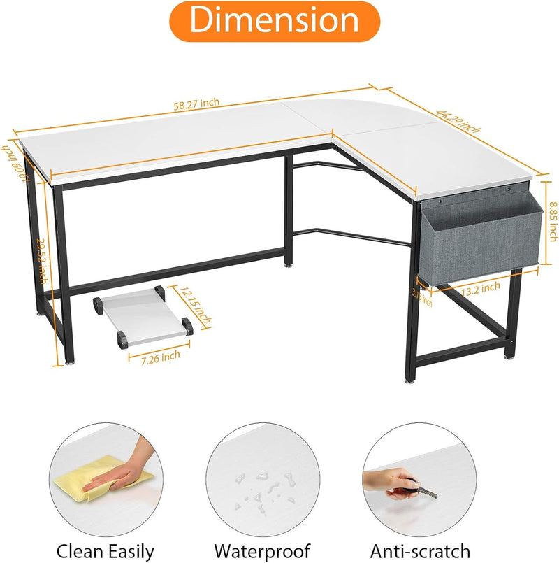 Homfio L Shaped Desk 58’’Computer Corner Desk Gaming Desk PC Table Writing Desk Large L Study Desk Home Office Workstation Modern Simple Multi-Usage Desk with Storage Bag Space-Saving Table, White