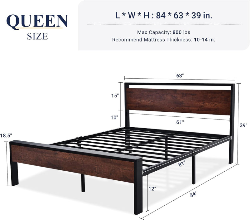 Allewie Queen Size Platform Bed Frame with Wooden Headboard and Footboard, Heavy Duty 12 Metal Slats Support, No Box Spring Needed, under Bed Storage, Non-Slip, Noise Free, Easy Assembly, Mahogany