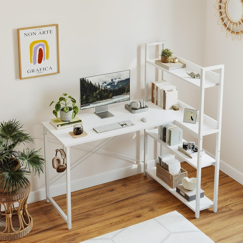 Cubicubi Computer Corner Desk with Storage Shelves, 47 Inch L Shaped Desk with Bookshelf, Home Office Writing Desk with Hooks, Small L Study Table, Rustic Brown