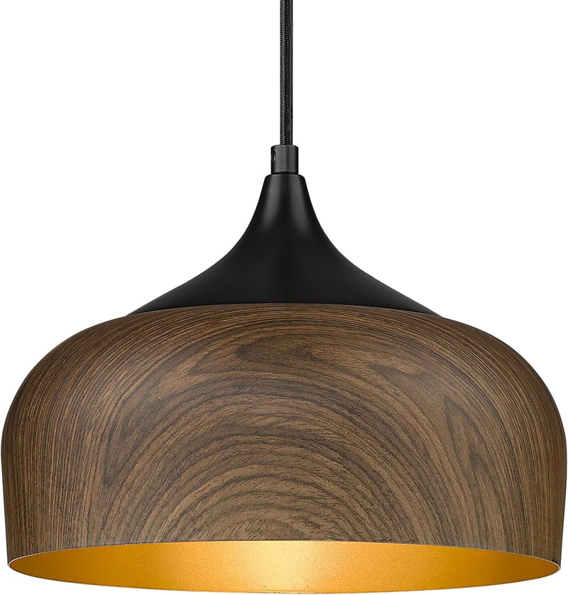 ELYONA Modern Pendant Light Walnut Wooden Pattern Dome Pendant Light Fixture Matte Black Metal Gold Inner Finish Adjustable Hanging Lighting for Kitchen Island Dining Room Office Hallway Foyer Bedroom